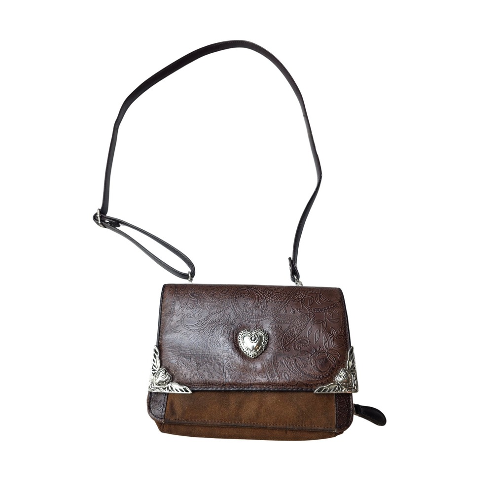 Coldwater Creek Brown Tooled Leather Suede Crossbody Bag Western Heart Concho S3